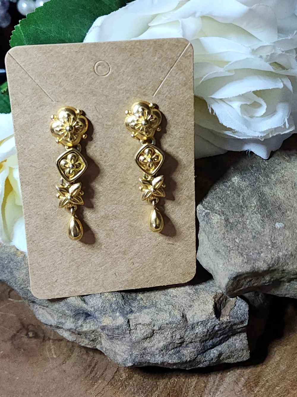Unique Vintage Gold Floral Drop Earrings - Signed Monet